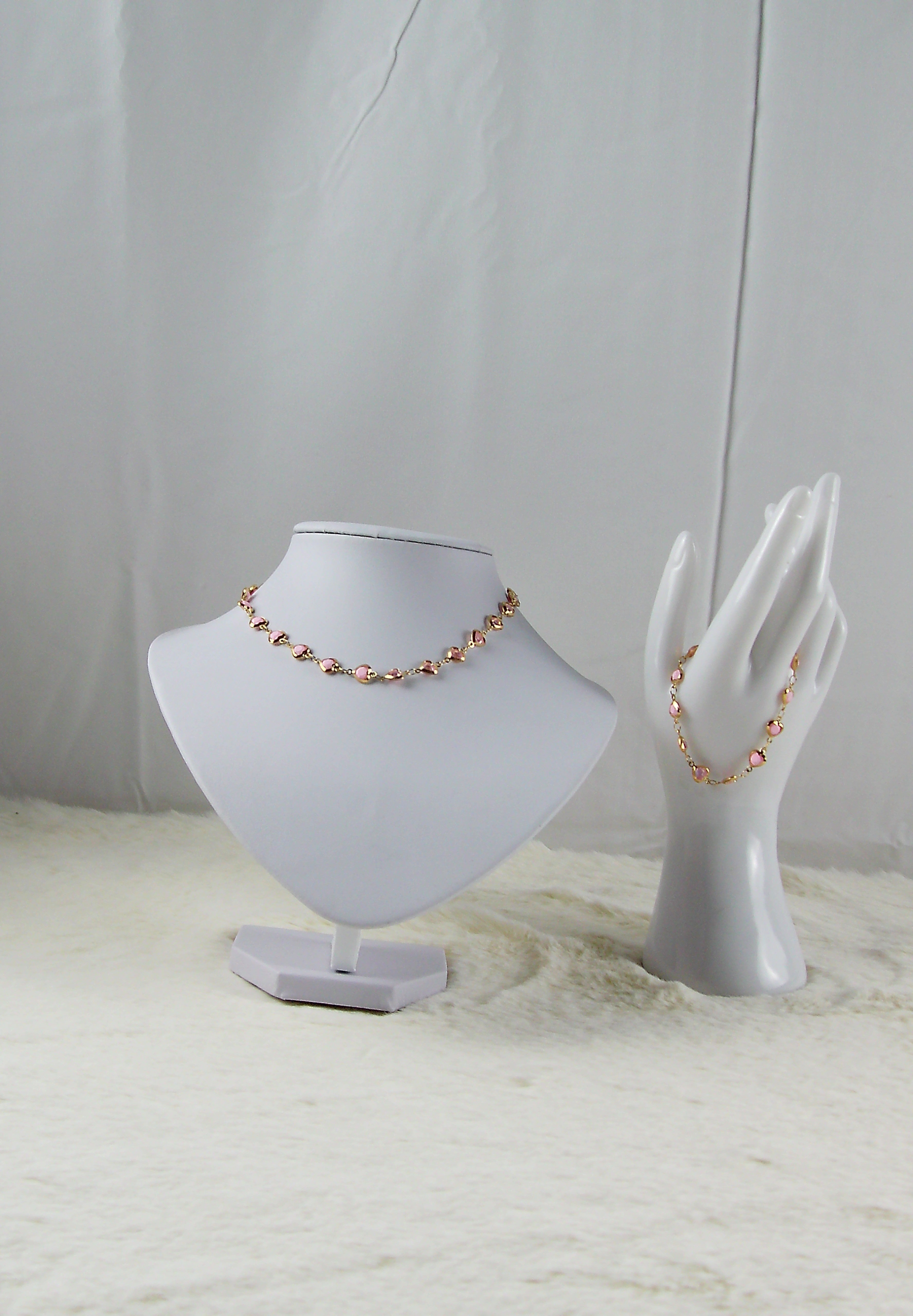 2 delig roze hartjes set armband en ketting