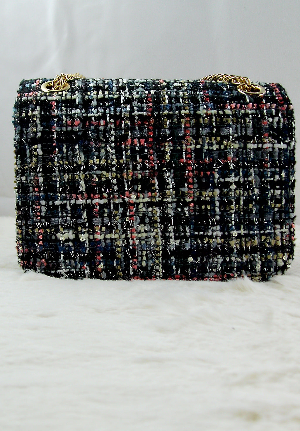 Luxe Tweed schoudertas met Ketting – Zwart