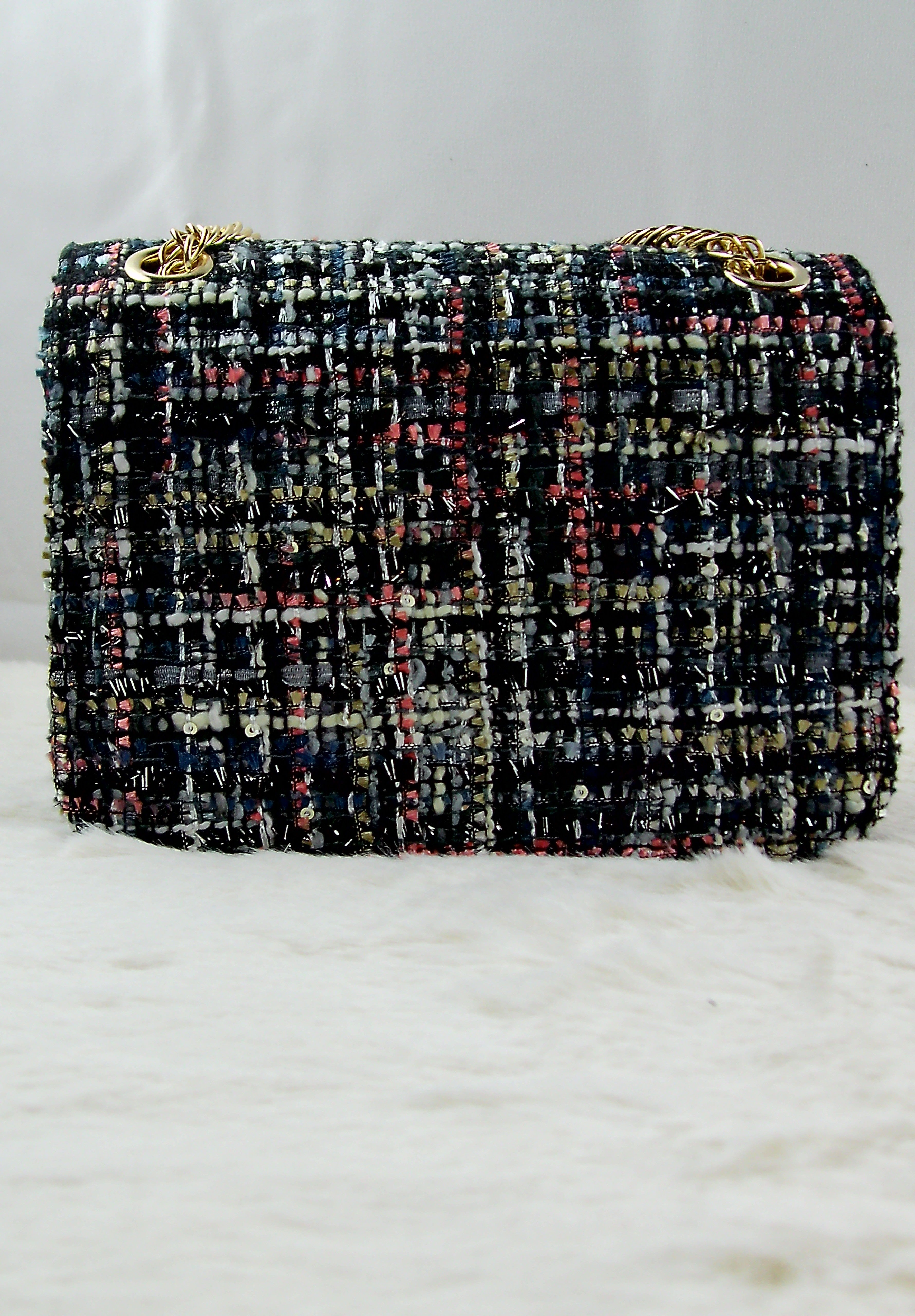 Luxe Tweed schoudertas met Ketting – Zwart