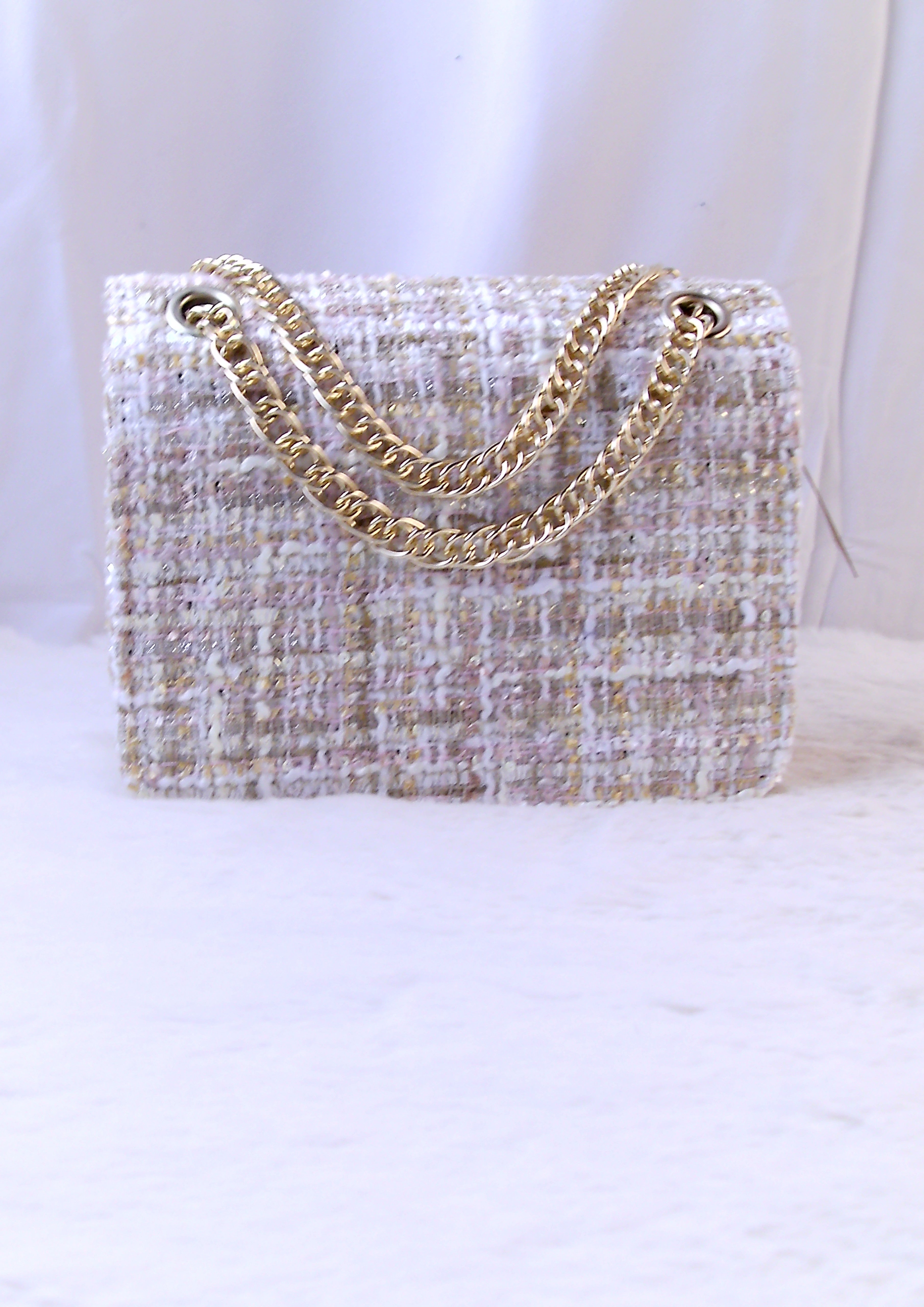 Luxe Tweed Schoudertas met ketting – Beige